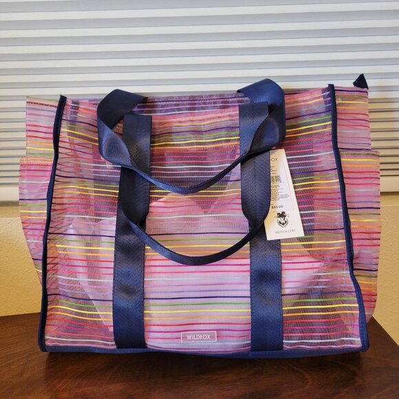 NWT Wildfox Tote Bag Navy Blue with Multicolored Stripes - Picture 2 of 7